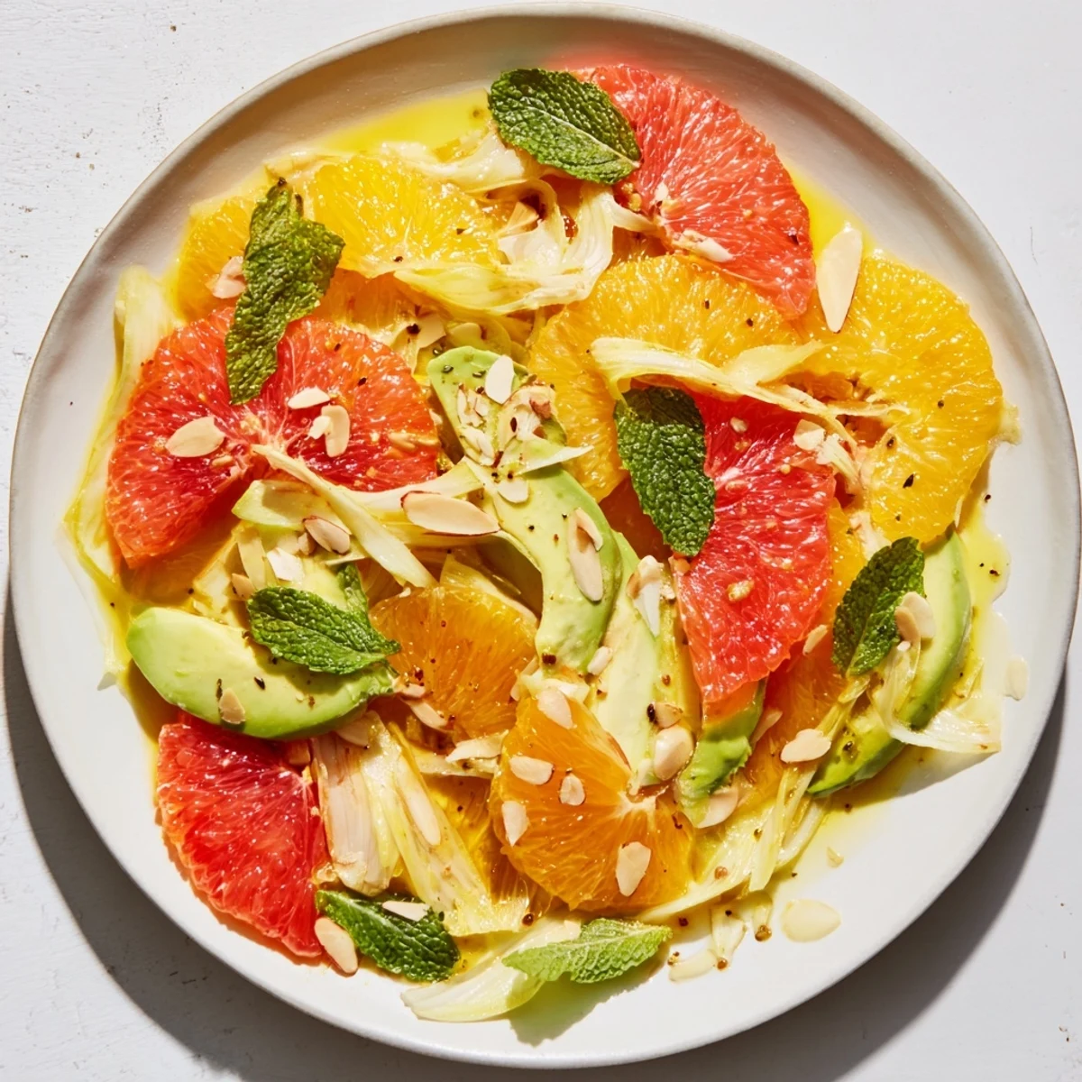 Vibrant Winter Citrus Salad with mint leaves and grapefruit segments served on a white plate, perfect for a healthy lunch.