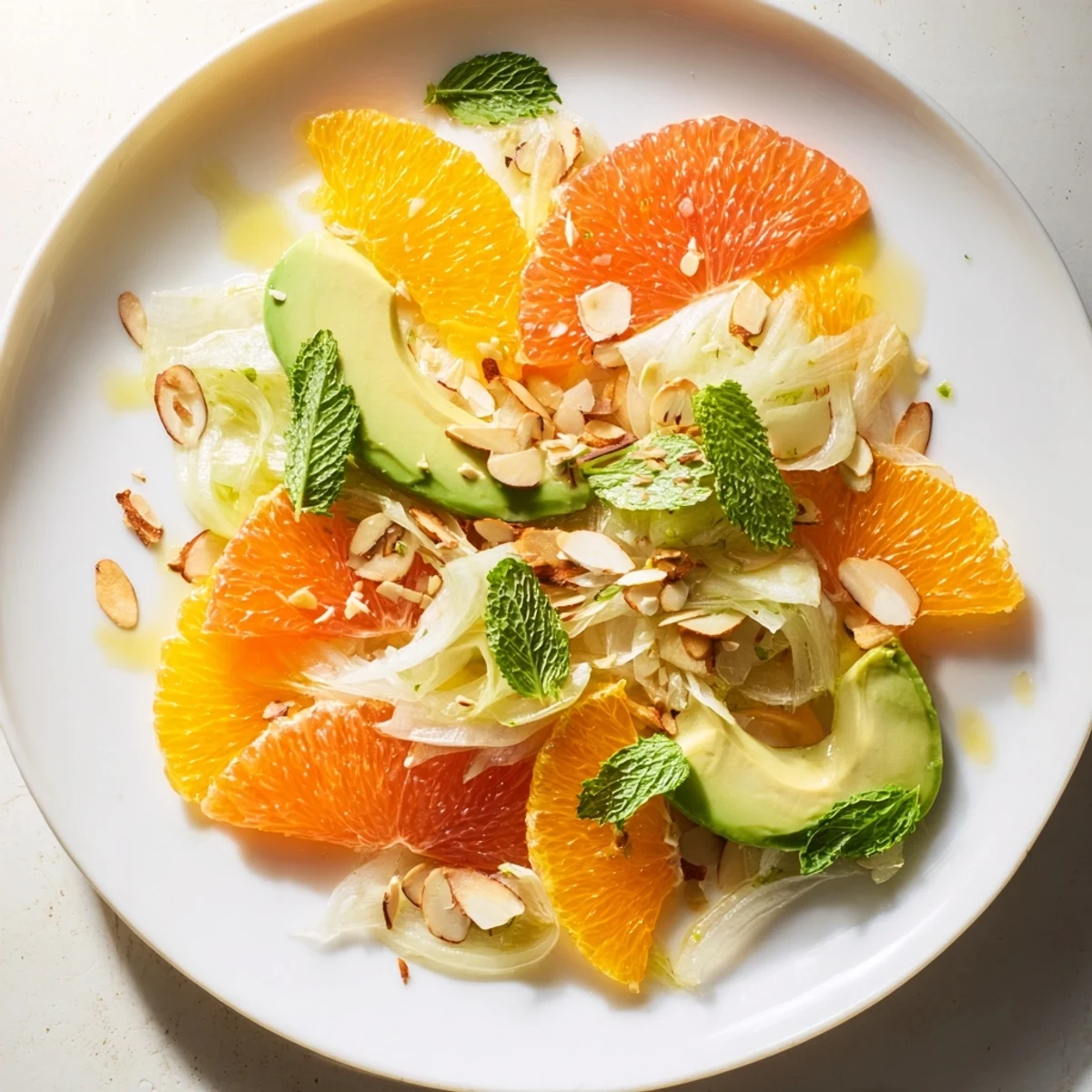 Colorful bowl of Winter Citrus Salad with creamy avocado, crisp fennel, and juicy orange slices drizzled with lemon olive oil.