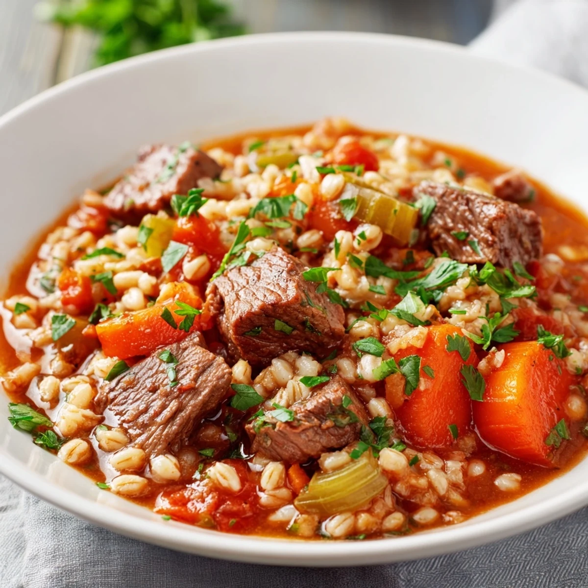 A close-up of Hearty Beef and Barley Stew with Carrots and Celery, featuring tender beef chunks, golden barley, and vibrant orange carrots in a rich, glossy broth, garnished with fresh parsley.