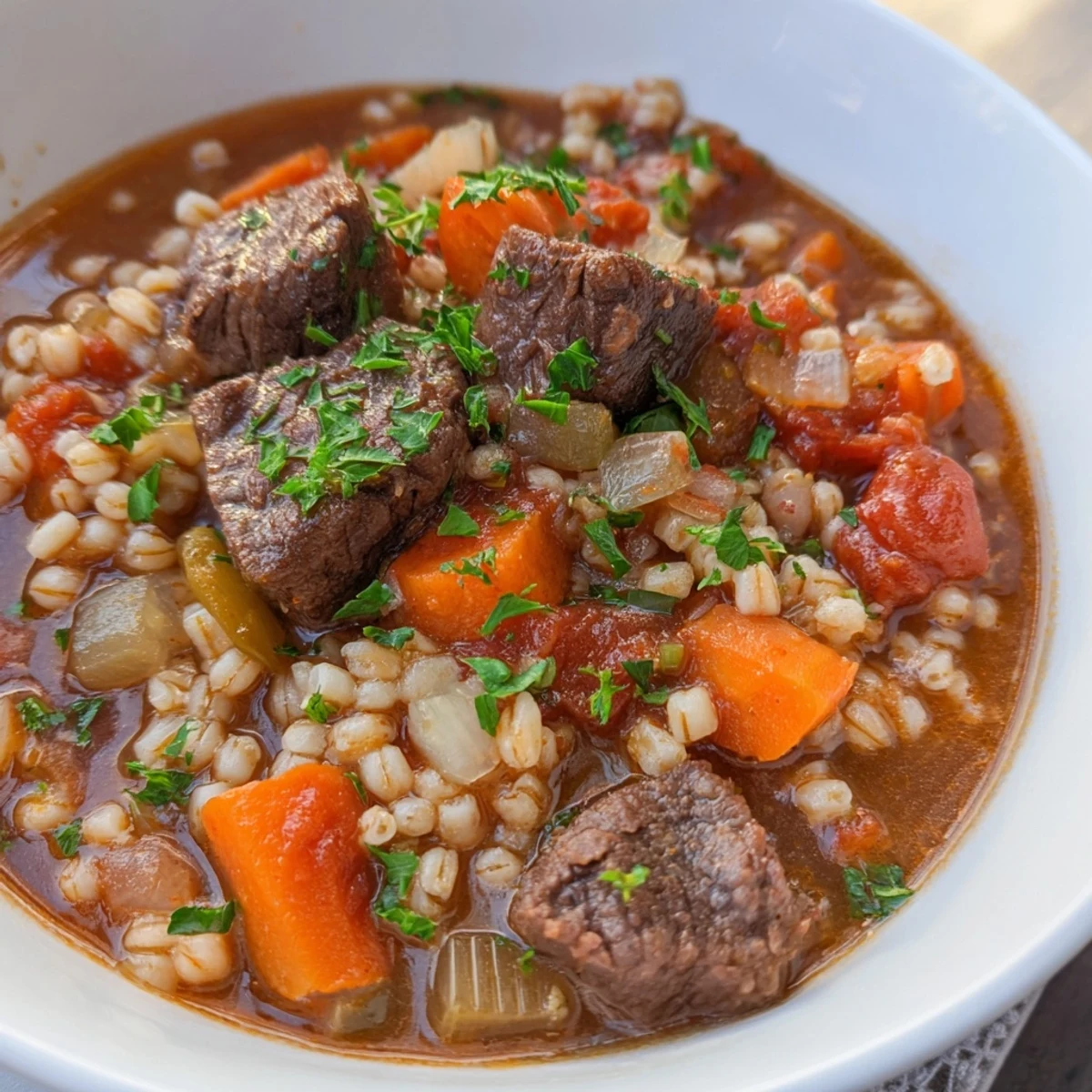 Warm, comforting bowl of Hearty Beef and Barley Stew with Carrots and Celery, showcasing tender meat, pearl barley, and diced tomatoes, ready to be served on a cozy evening.