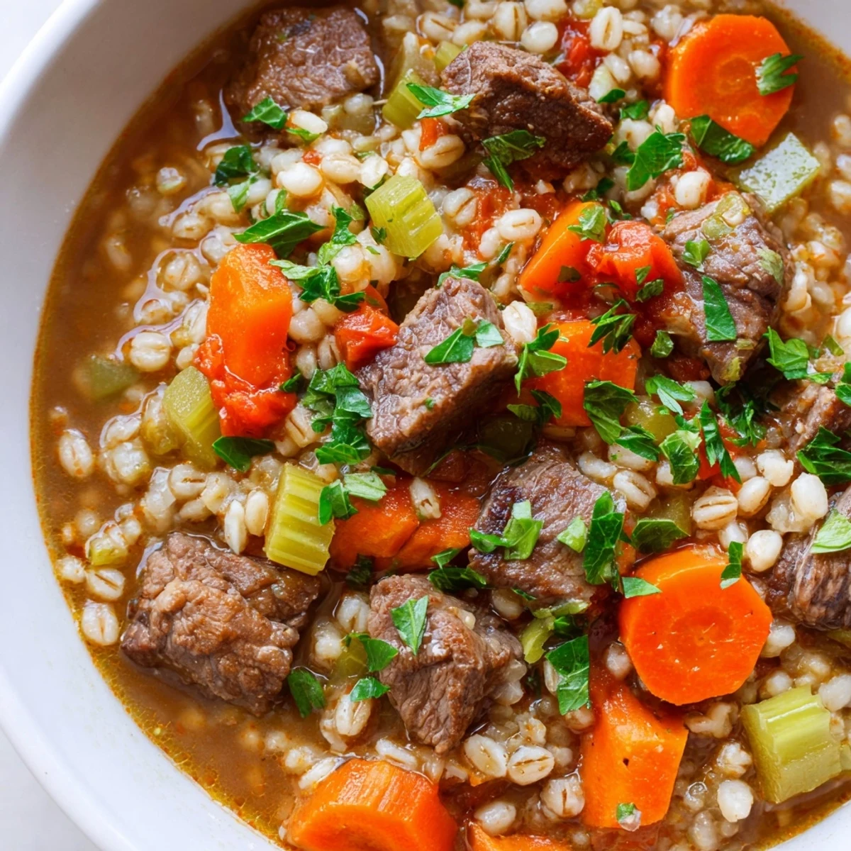 Hearty Beef and Barley Stew with Carrots and Celery in a rustic Dutch oven, steam rising from the thick, savory broth, with crusty bread on the side for dipping.