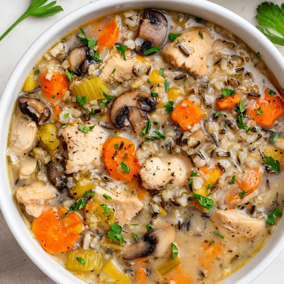 A steaming bowl of Instant Pot Chicken and Wild Rice Soup with Mushrooms, featuring tender chicken pieces and earthy mushrooms in a rich, savory broth.