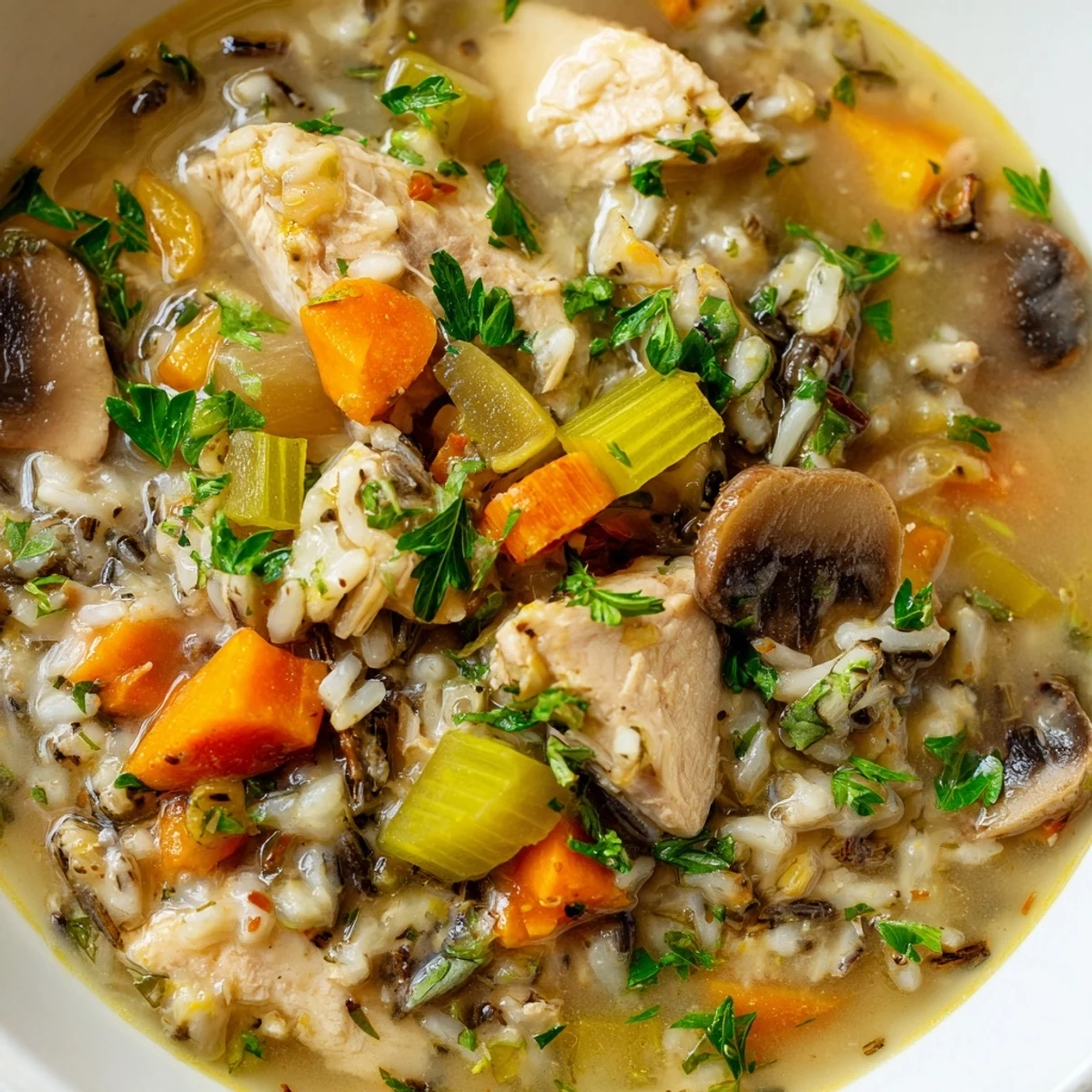 Close-up shot of Instant Pot Chicken and Wild Rice Soup with Mushrooms, showing carrots, celery, and hearty wild rice in a ladle over a rustic bowl.