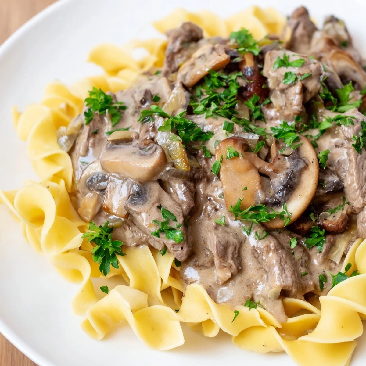 Family-style Beef Stroganoff with Mushroom Gravy over noodles, ready to serve with a side salad.