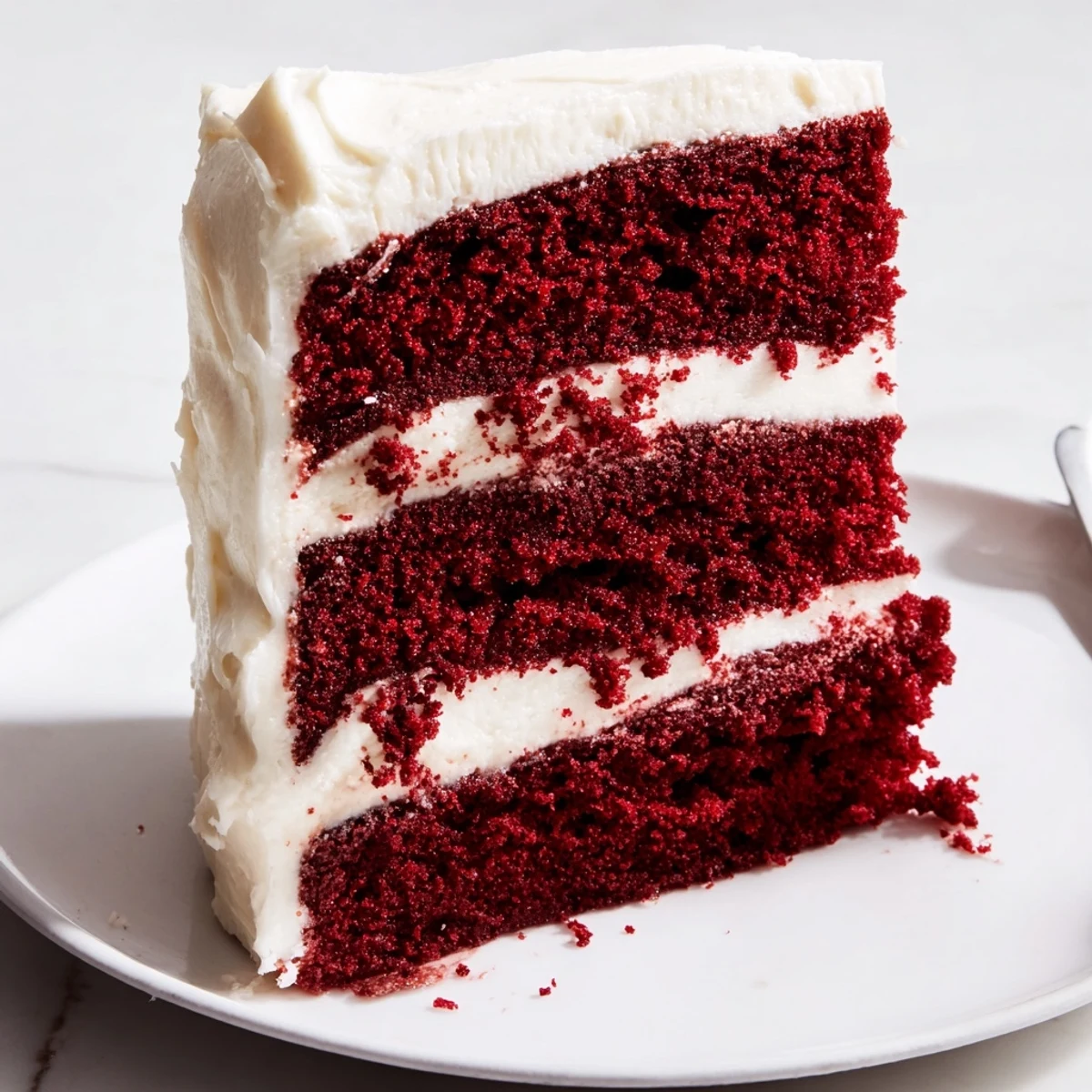Moist, velvety Red Velvet Layer Cake with Cream Cheese Frosting on a dessert plate, ideal for birthday celebrations or sweet holiday gatherings.