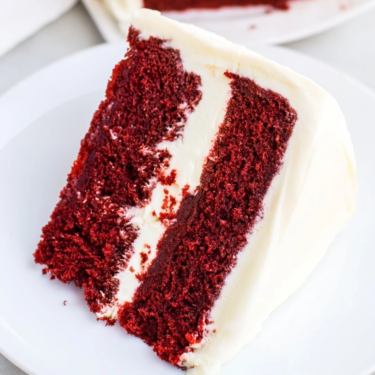 Freshly baked Red Velvet Layer Cake with Cream Cheese Frosting, with tender red cocoa layers and fluffy white frosting ready to slice and serve.