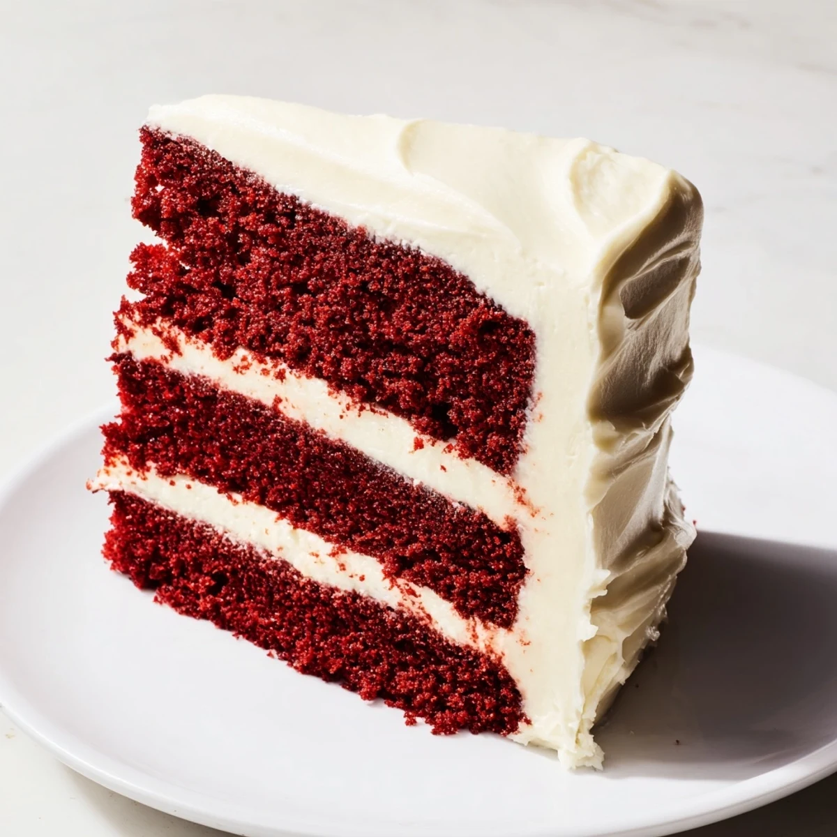 Triple-layer Red Velvet Layer Cake with tangy cream cheese frosting, showing a rich crimson crumb and smooth, creamy swirls on the serving plate.