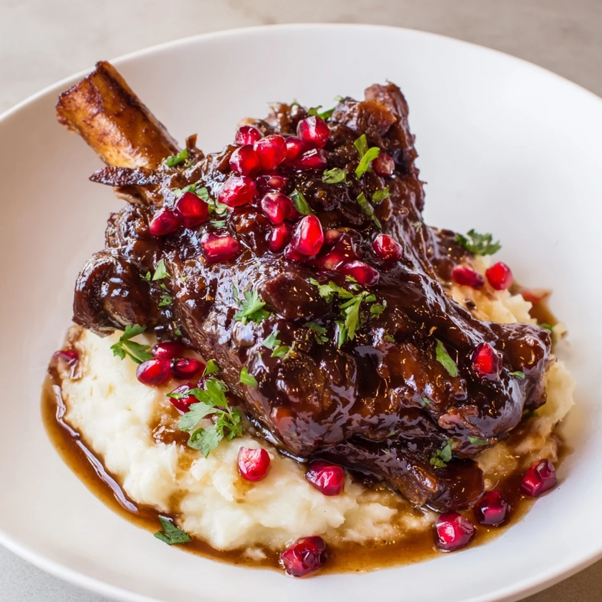 Fork-tender Braised Lamb Shanks with Pomegranate Molasses Glaze, glistening and garnished with fresh parsley and ruby seeds.