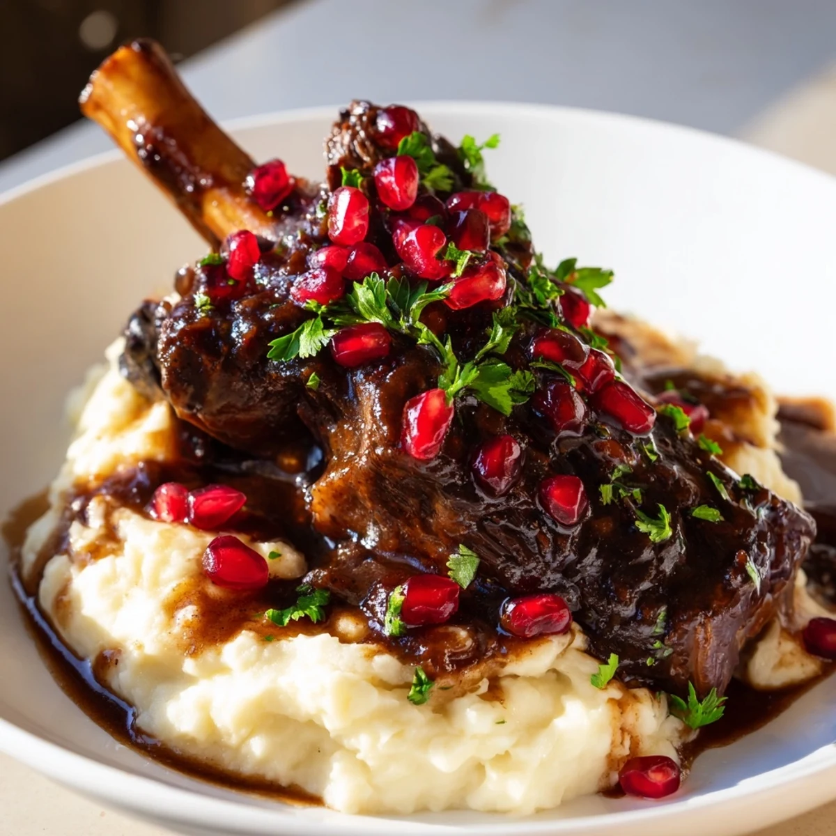 Slow-cooked Braised Lamb Shanks with Pomegranate Molasses Glaze, served over creamy mashed potatoes with rich, glossy sauce.