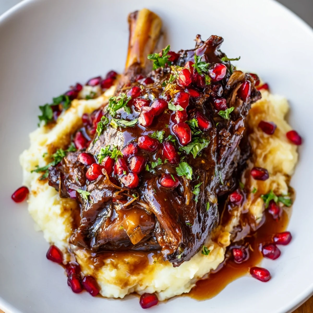 Golden, caramelized Braised Lamb Shanks with Pomegranate Molasses Glaze on a platter with aromatic braising liquid and herbs.