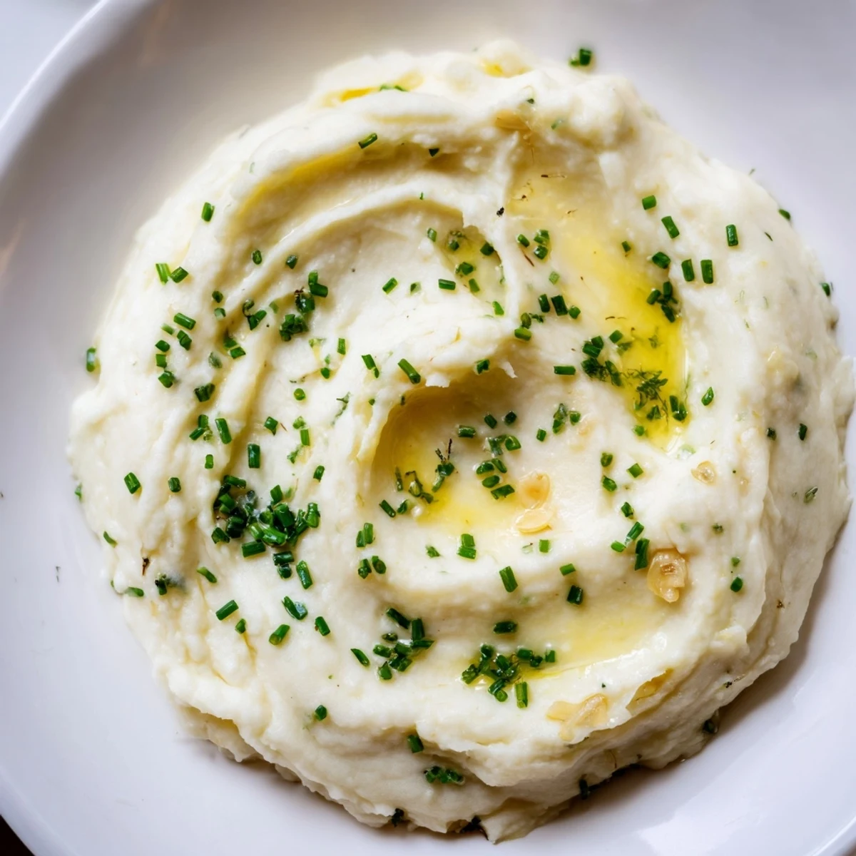 Creamy roasted garlic mashed cauliflower with chives in a rustic white bowl, perfect as a low-carb side dish.