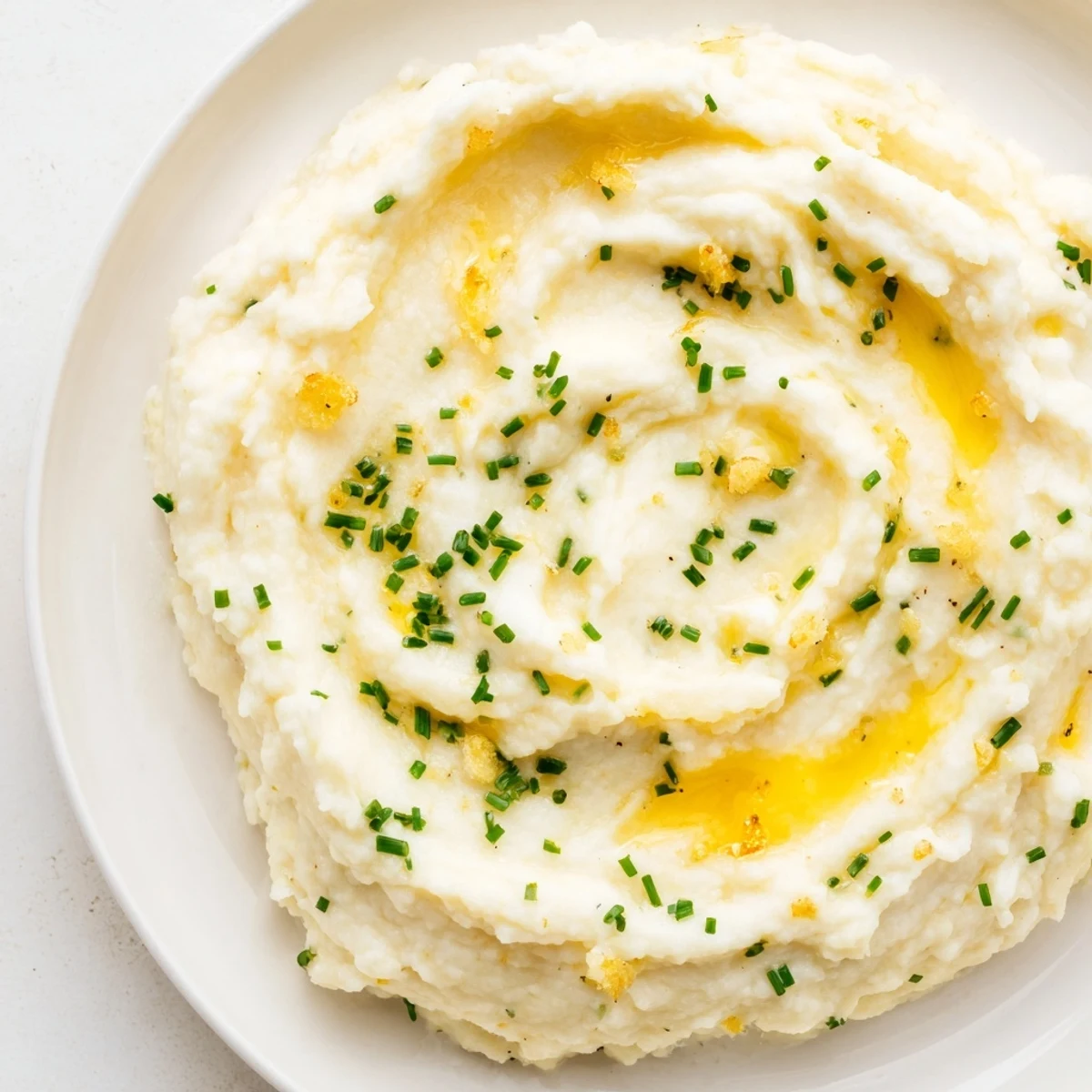A bowl of roasted garlic mashed cauliflower with chives, topped with extra fresh herbs, served alongside roasted chicken.