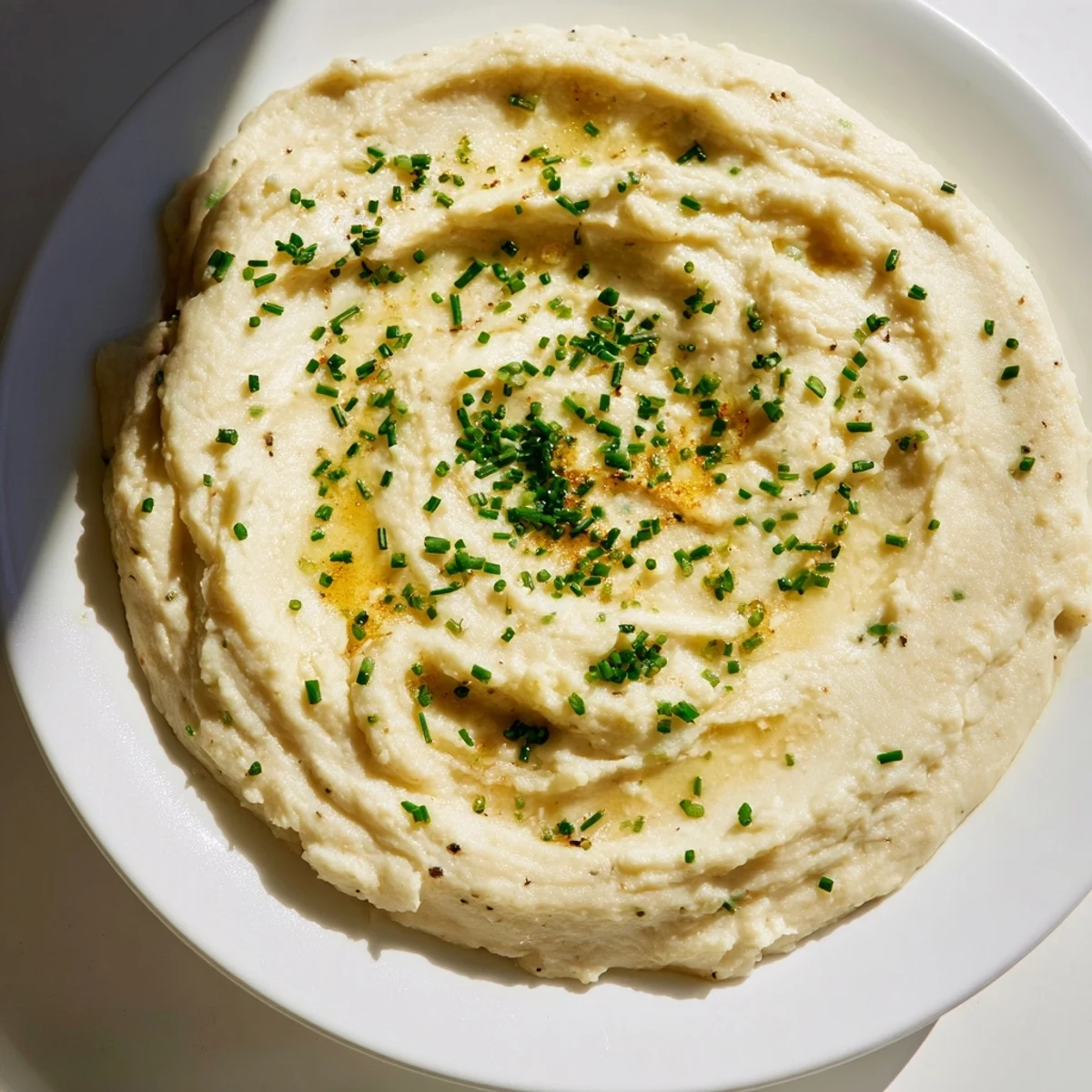 Mashed cauliflower with roasted garlic and chives, finished with butter and black pepper, ideal for a healthy Thanksgiving side.
