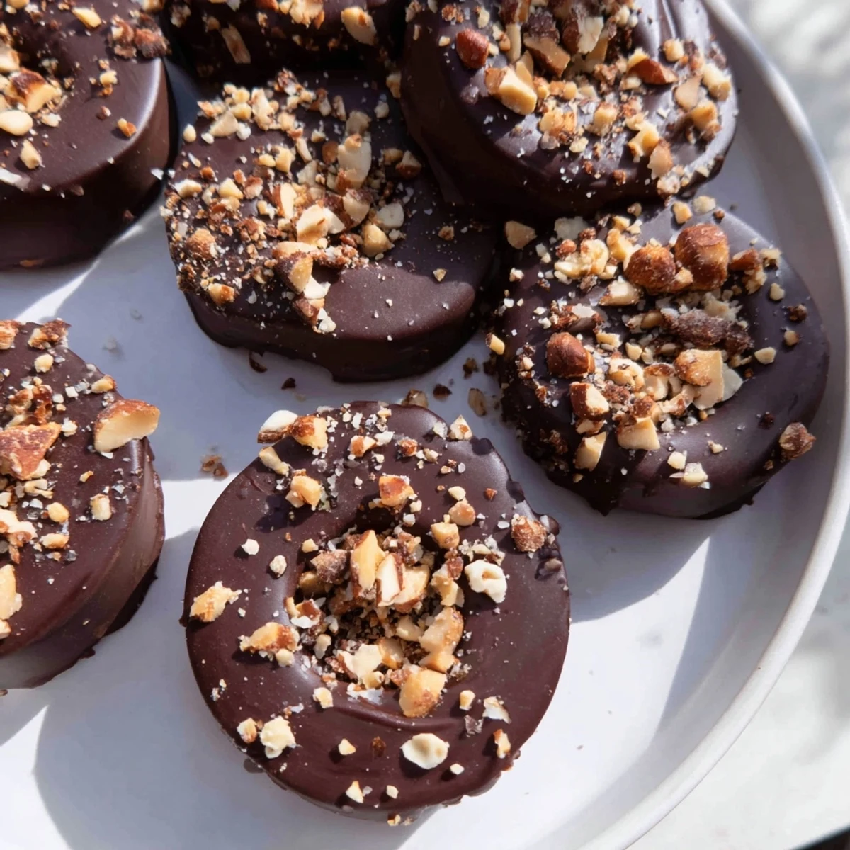Chocolate Covered Banana Bites with Chopped Peanuts frozen on a parchment-lined baking sheet, ready to serve.