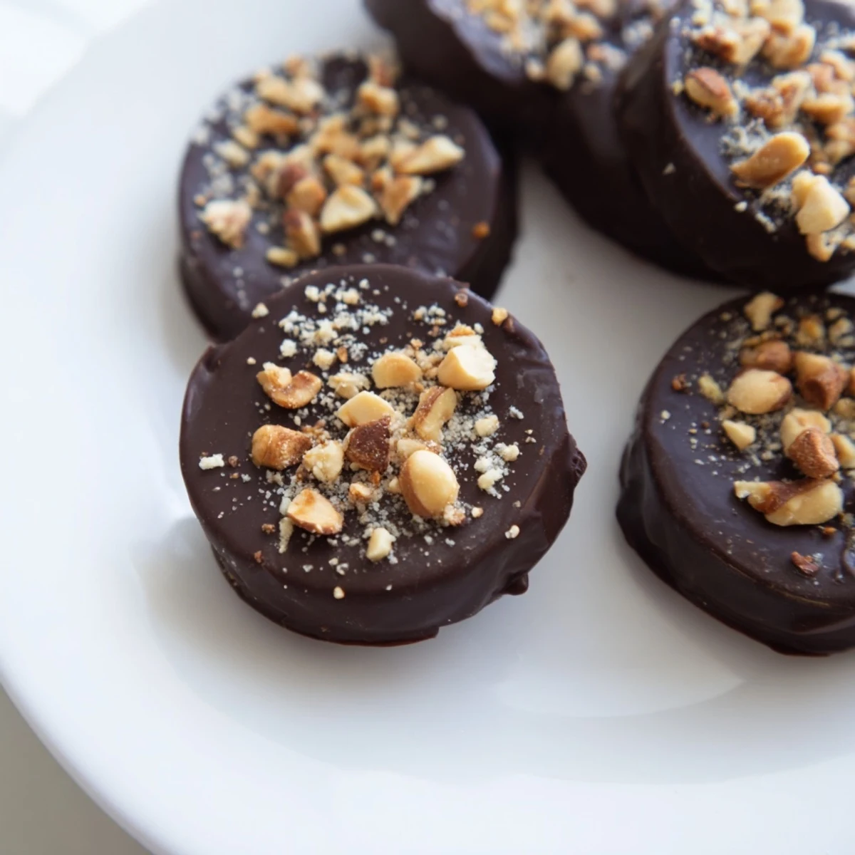 Frozen banana slices dipped in rich dark chocolate and topped with crunchy chopped peanuts for a sweet snack.