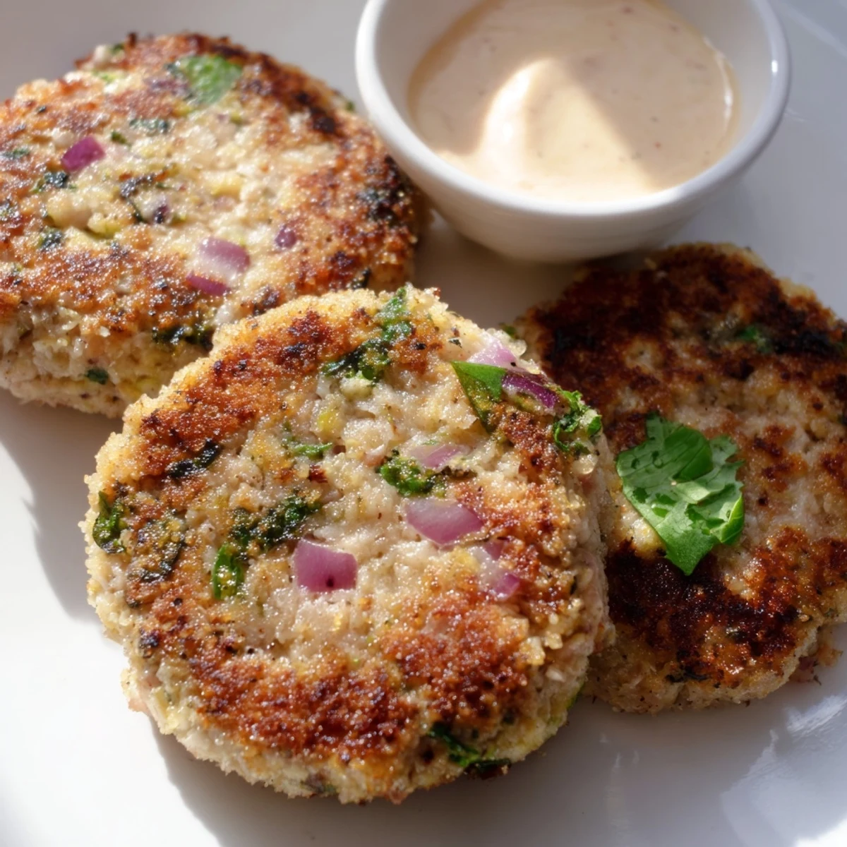 Golden, pan-seared Spicy Tuna Cakes with Sriracha Mayo, garnished with cilantro and fresh lime wedges for a bright finish.