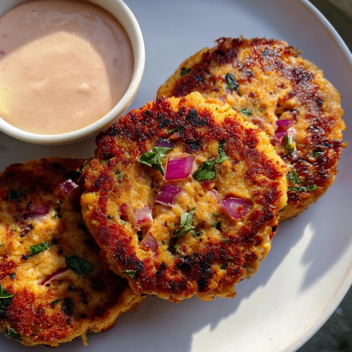Perfectly crispy Spicy Tuna Cakes stacked high, served alongside a creamy Sriracha Mayo dipping sauce in a small bowl.