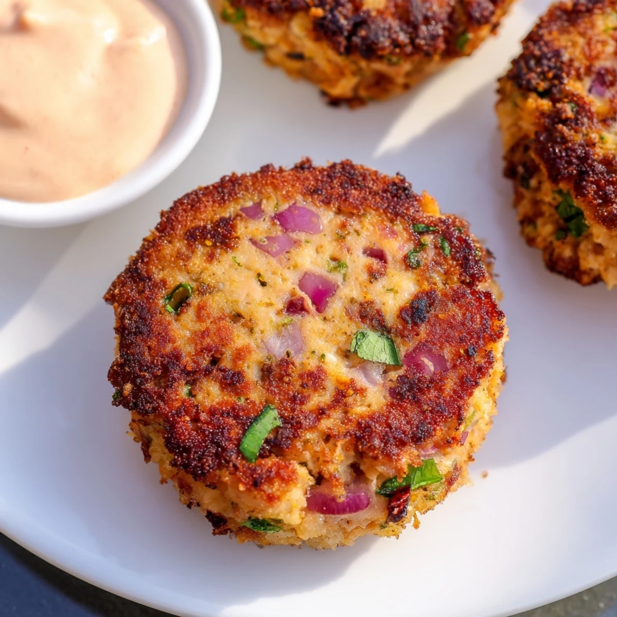 Freshly fried Spicy Tuna Cakes on a rustic plate, ready to be dipped into zesty Sriracha Mayo for an appetizer.