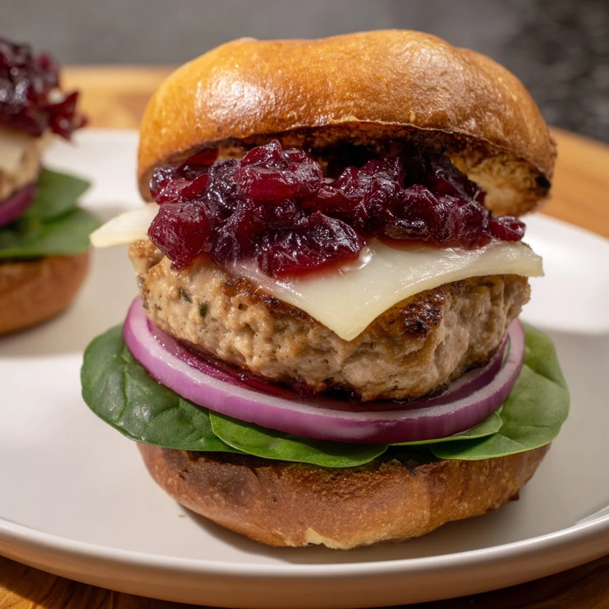 Freshly toasted brioche bun stacked with a golden turkey patty, creamy Brie slices, and a generous dollop of ruby-red cranberry sauce.