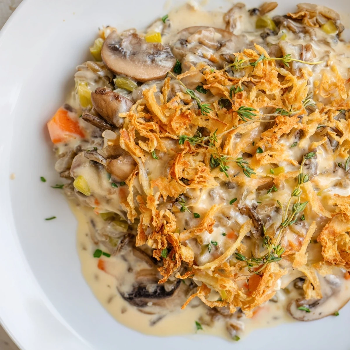 Golden-brown Creamy Mushroom and Wild Rice Casserole with Thyme bubbling from the oven with a crunchy panko and Gruyère cheese topping.