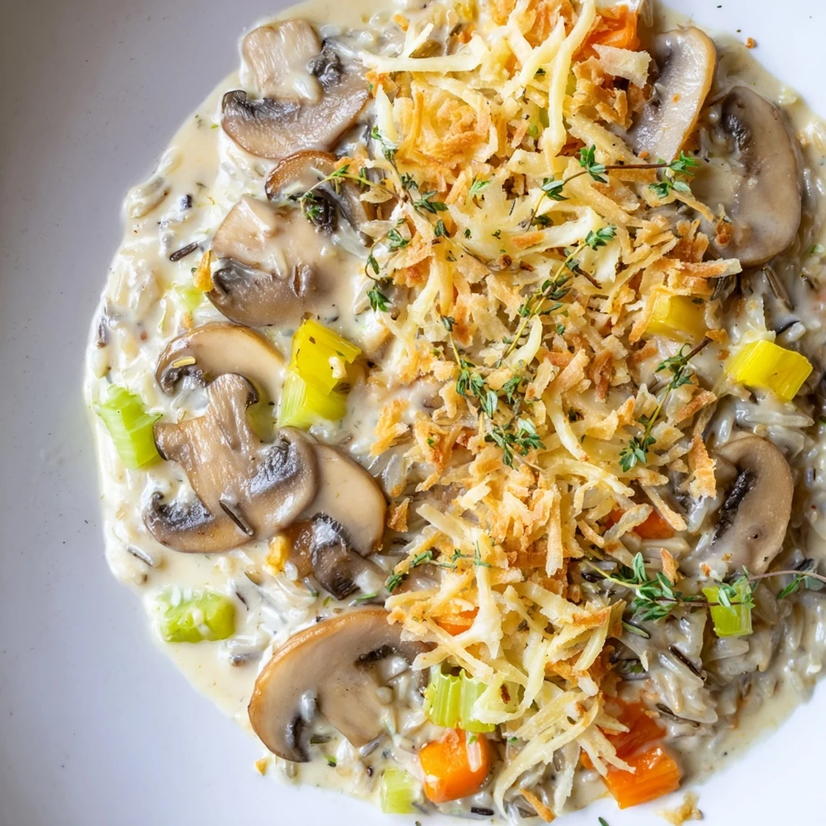 A close-up of Creamy Mushroom and Wild Rice Casserole with Thyme, showing tender vegetables and a rich, velvety sauce inside.