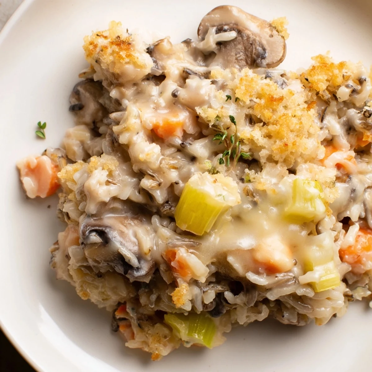 Serving suggestion for Creamy Mushroom and Wild Rice Casserole with Thyme, plated with a fresh green salad for a cozy dinner.