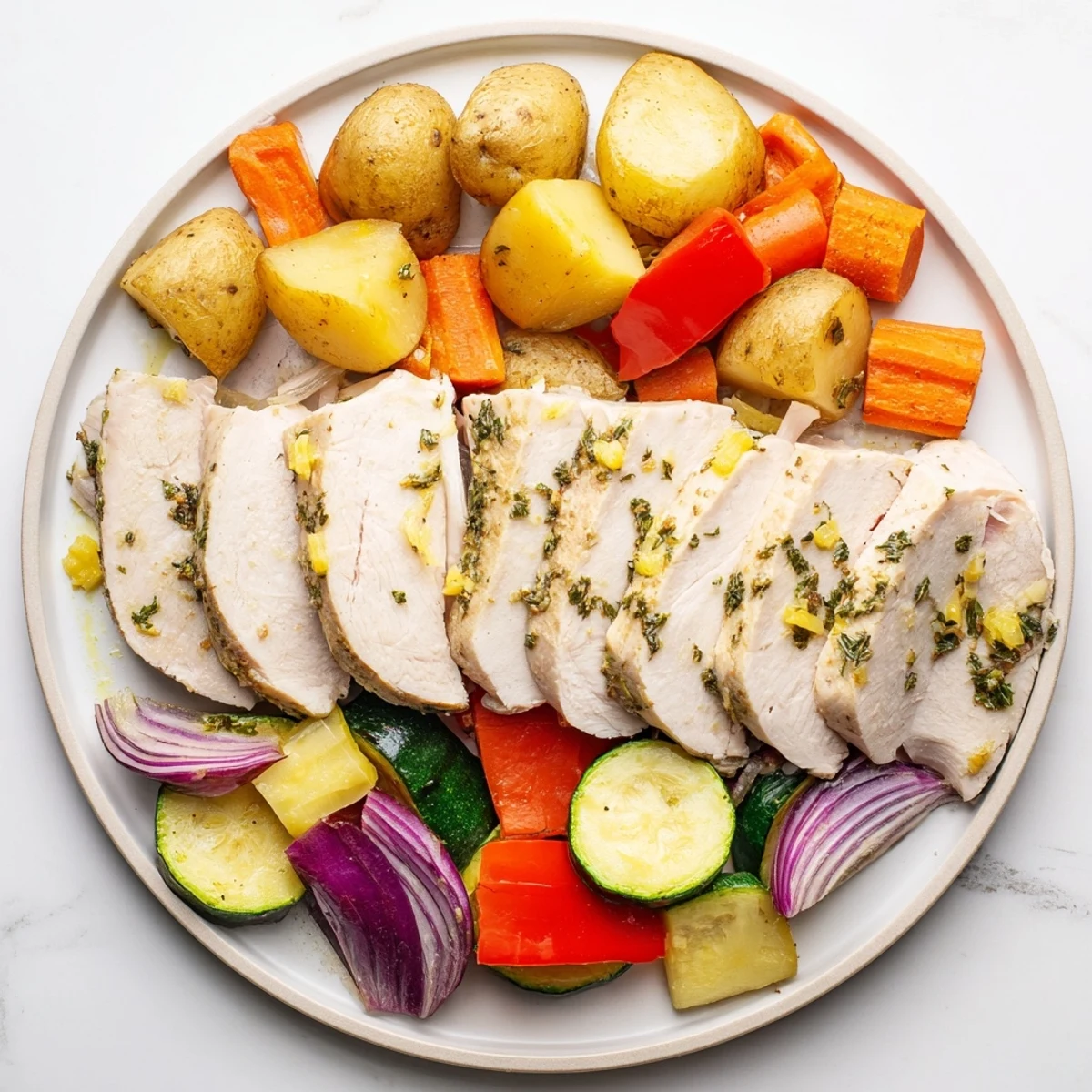 Sheet Pan Lemon Herb Turkey Breast with Roasted Veggies is perfectly caramelized on a parchment-lined baking sheet with golden potatoes and peppers.