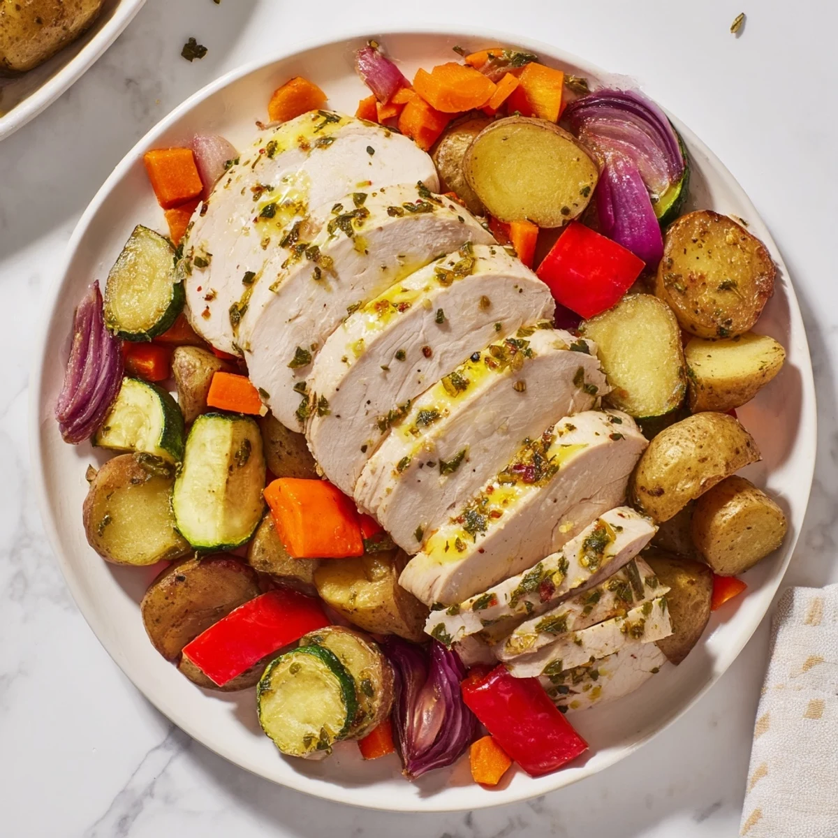 A close-up reveals juicy slices of Sheet Pan Lemon Herb Turkey Breast with Roasted Veggies, garnished with fresh herbs and lemon zest.