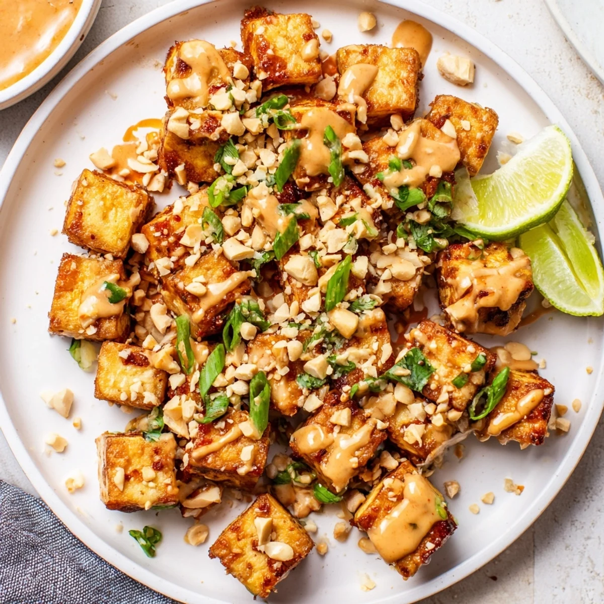 Crispy Baked Tofu cubes with Spicy Peanut Sauce are garnished with chopped peanuts and fresh cilantro for a vibrant vegan meal.