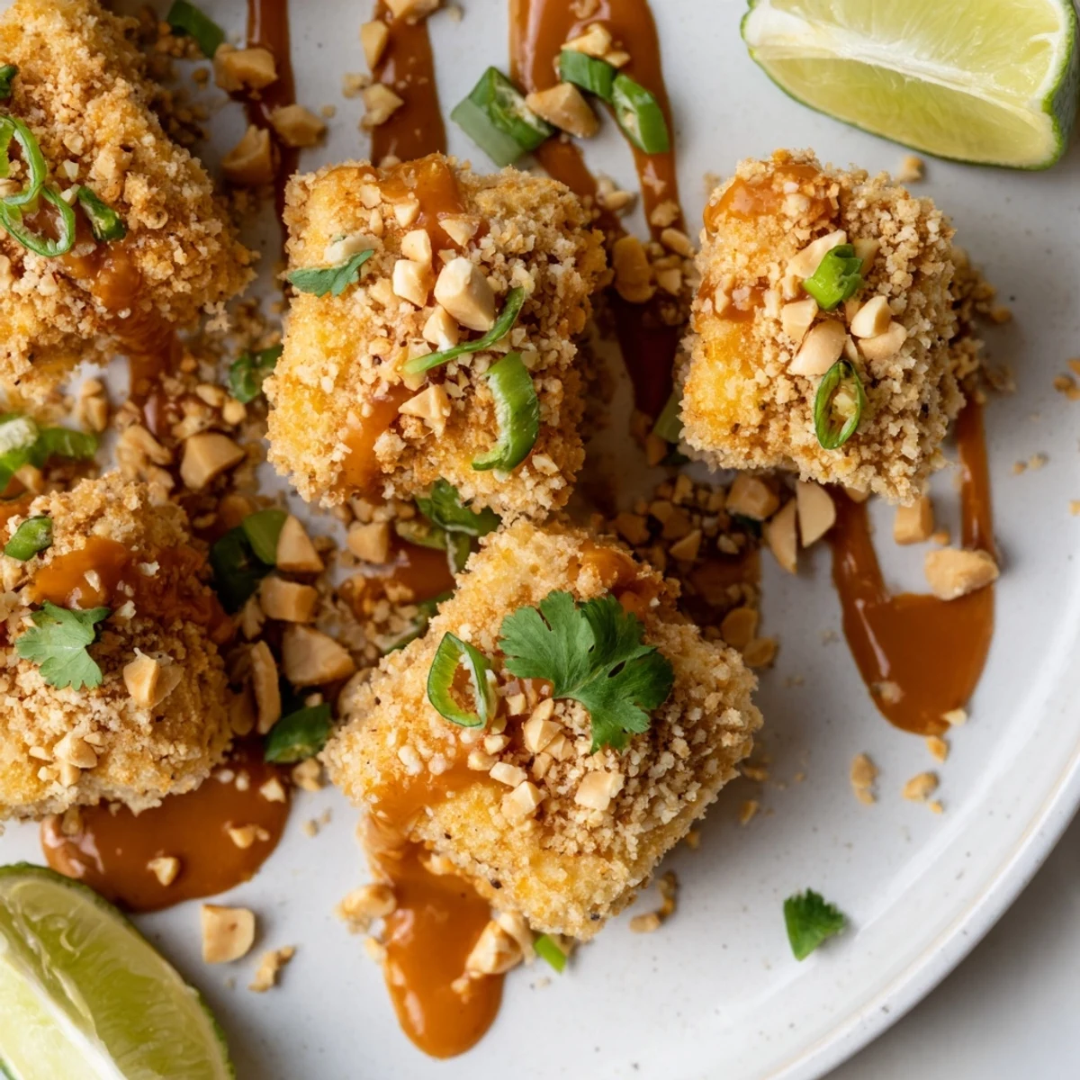 Golden-brown Crispy Baked Tofu with Spicy Peanut Sauce is served over fluffy rice with lime wedges for a complete dinner.