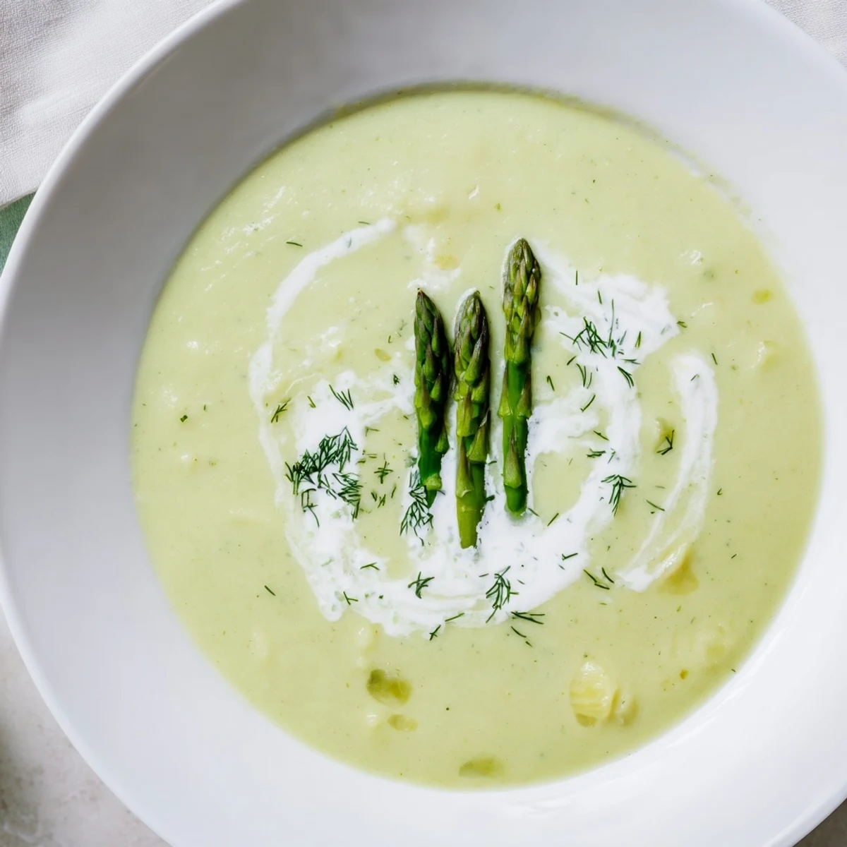 Creamy Asparagus Soup with Lemon and Crème Fraîche garnished with fresh dill, served steaming in a rustic bowl.