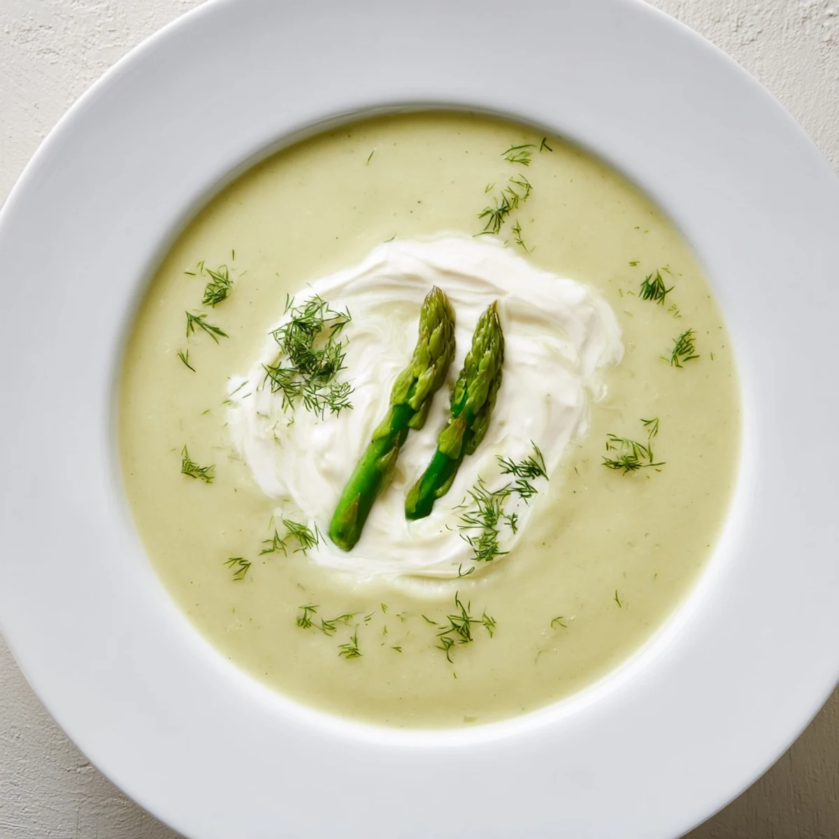 Close-up of Creamy Asparagus Soup with Lemon and Crème Fraîche topped with bright green asparagus tips and zest.