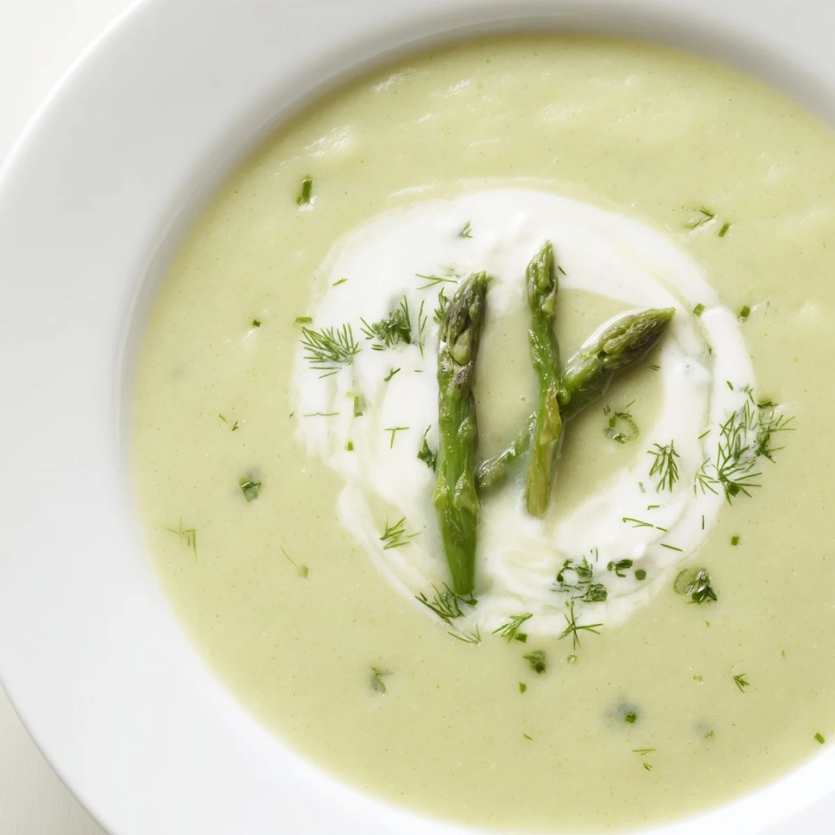 Velvety Creamy Asparagus Soup with Lemon and Crème Fraîche swirled with rich cream, ideal for a light spring lunch.