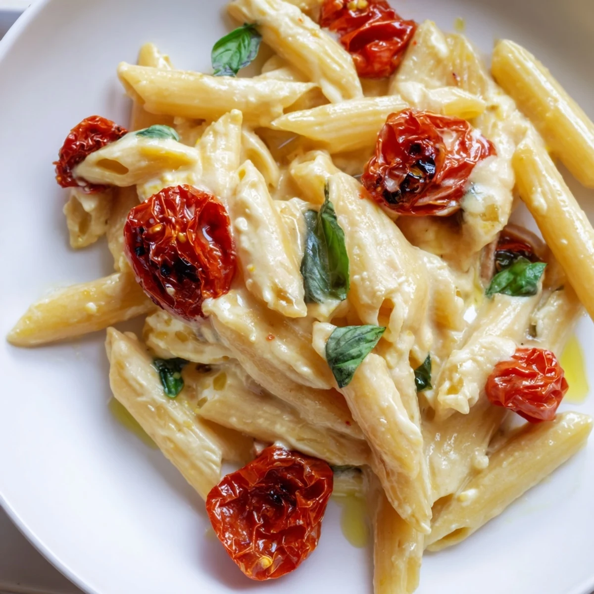 Fresh basil garnishes this colorful Baked Feta Pasta, served hot from the oven with melty cheese and juicy tomatoes.