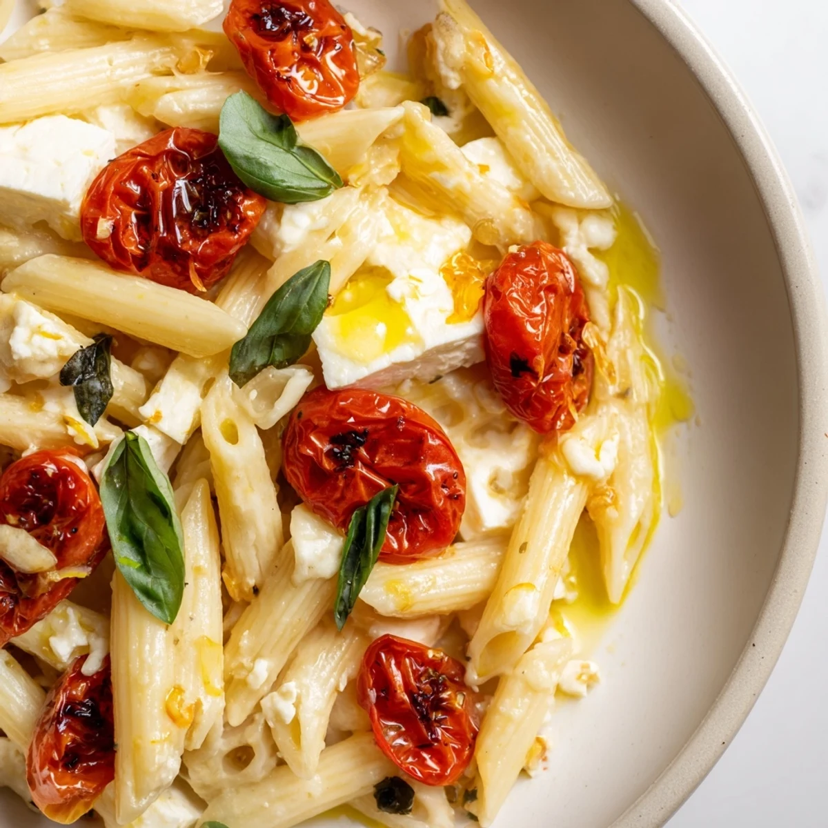 Savory Baked Feta Pasta twirled onto a fork, with bright red tomatoes and fresh green basil for a perfect bite.