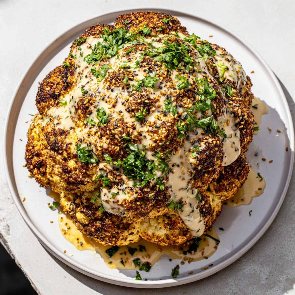Golden-brown whole roasted cauliflower with tahini lemon drizzle on a platter with fresh parsley and lemon wedges.