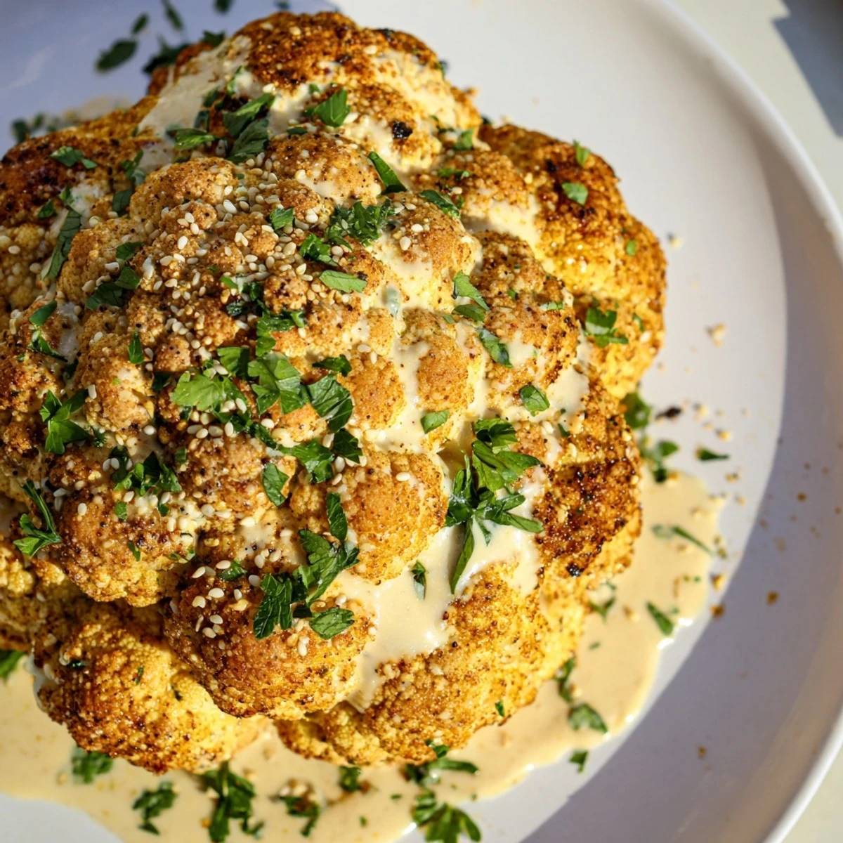 Whole roasted cauliflower with tahini lemon drizzle, garnished with sesame seeds and parsley on a serving platter.