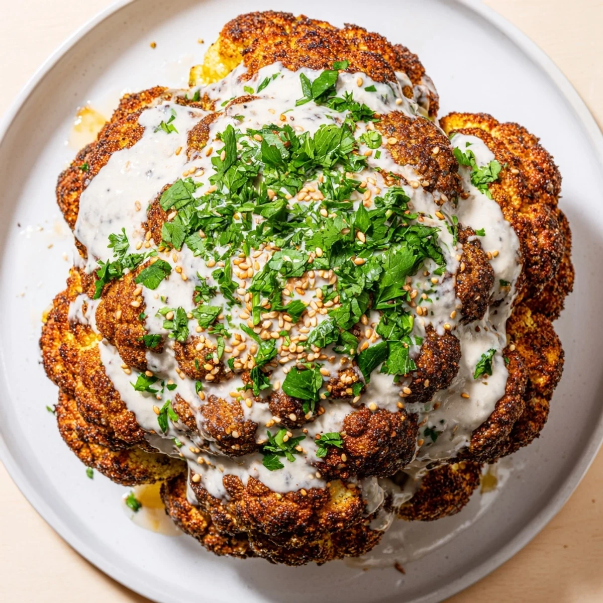 Roasted whole cauliflower with tahini lemon drizzle, ready to slice and serve with rice or quinoa.