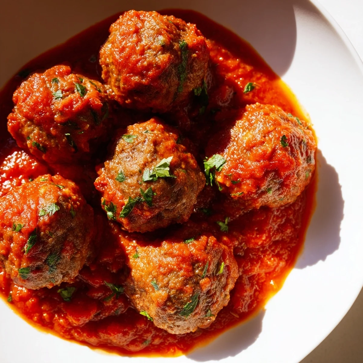 Golden-brown turkey meatballs simmering in a rich, chunky homemade marinara sauce, served over spaghetti for a hearty Italian-American dinner.
