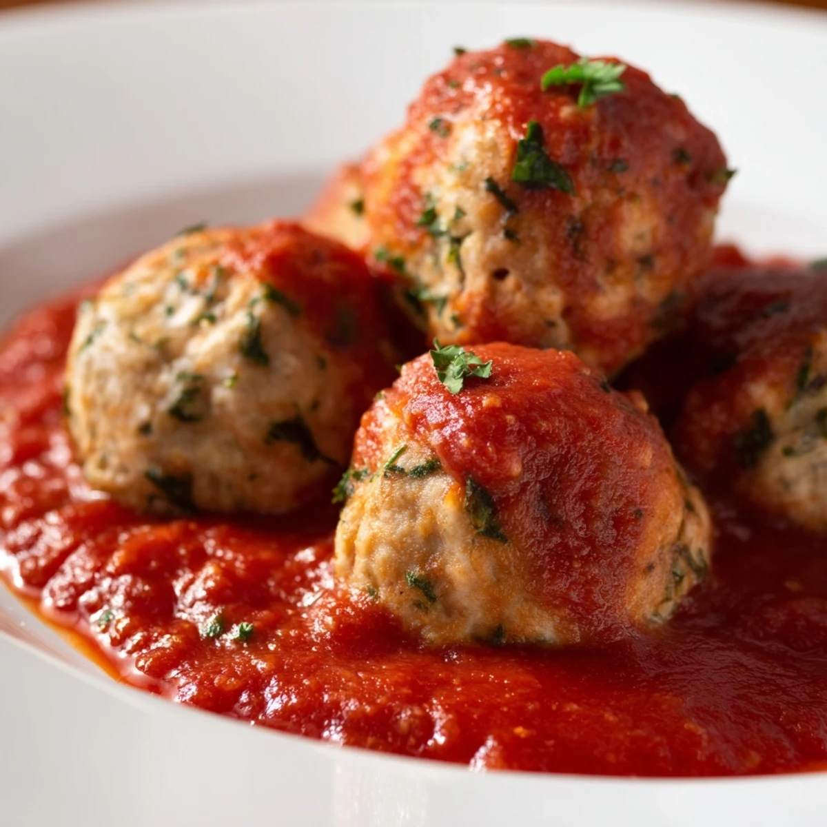 Tender turkey meatballs on a spoonful of vibrant red marinara, topped with fresh parsley, showcasing a comforting, high-protein family meal.