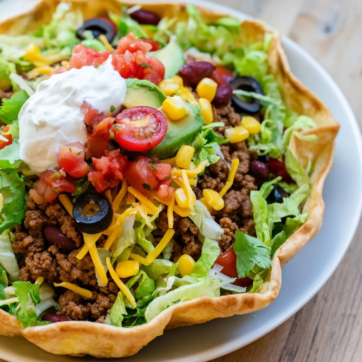 A hearty Beef Taco Salad with crunchy romaine, corn, and sour cream, served inside a warm, baked flour tortilla shell.