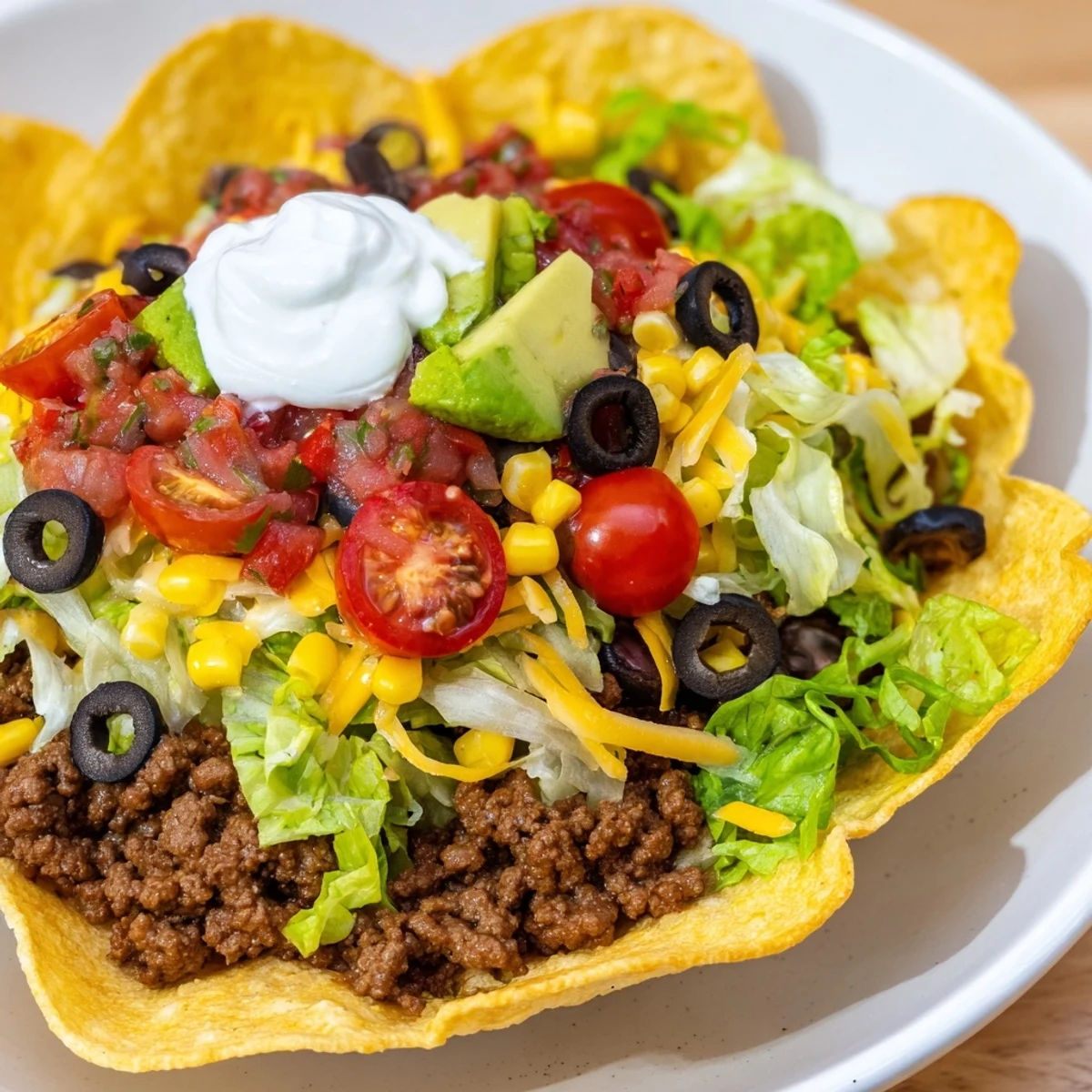 Freshly diced tomatoes, jalapeño, and cilantro salsa garnish this vibrant Beef Taco Salad, brimming with savory beef and black olives.