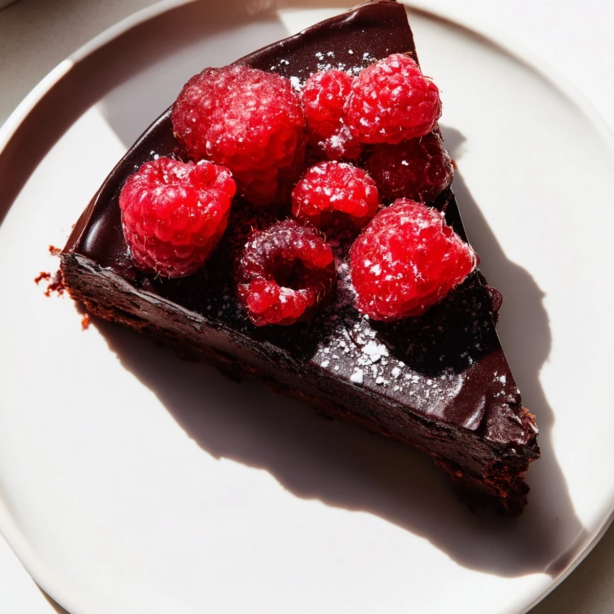 Decadent Flourless Chocolate Cake with Fresh Raspberries served with whipped cream, perfect for a gluten-free dessert.