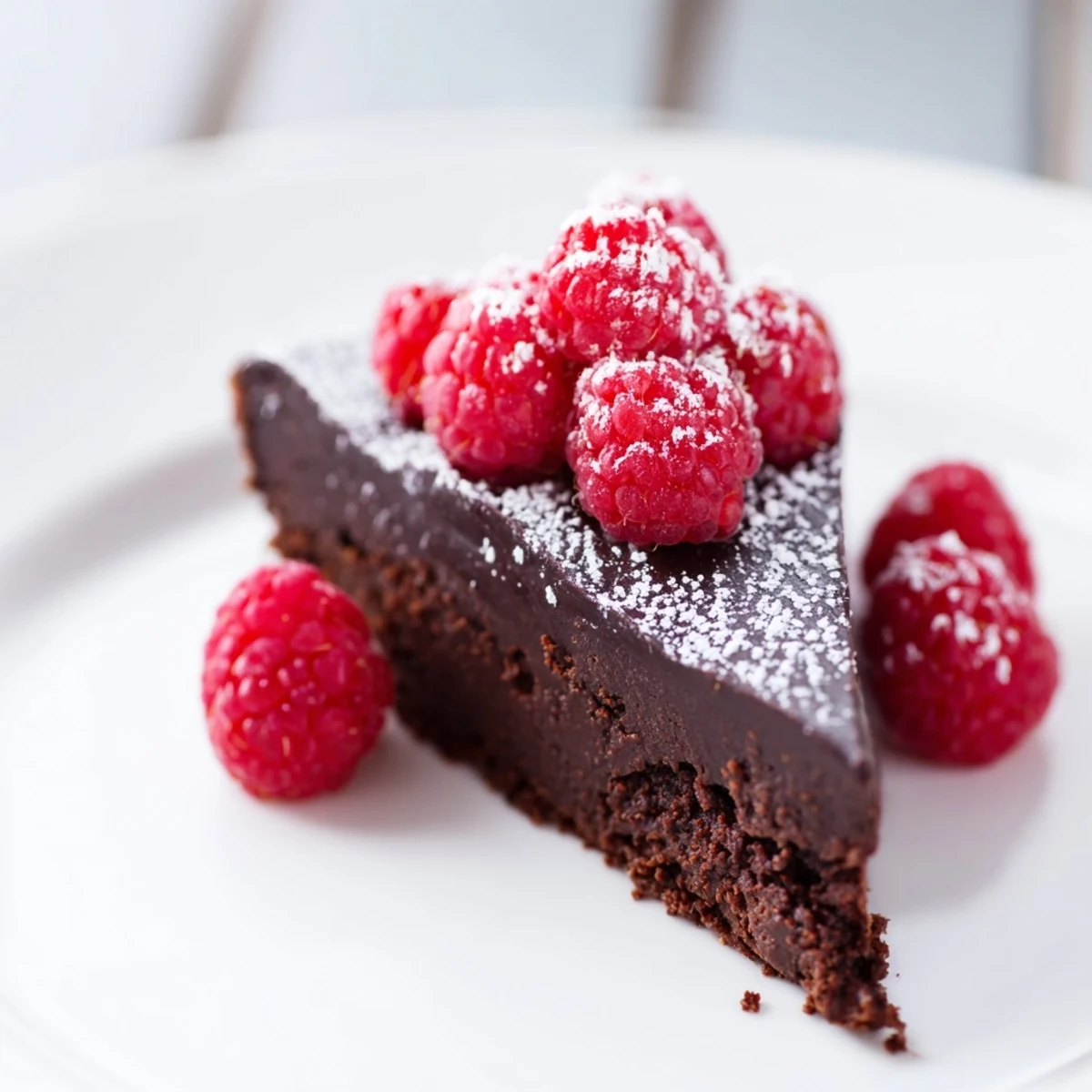 A moist slice of Decadent Flourless Chocolate Cake with Fresh Raspberries topped with powdered sugar and berries.