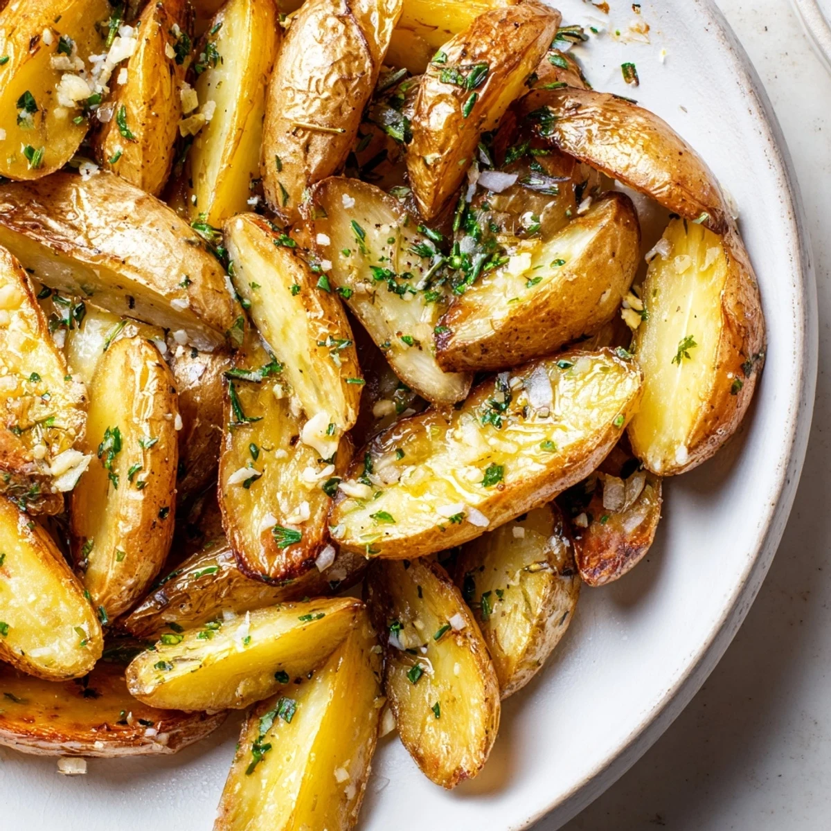 Golden-brown Garlic Herb Roasted Fingerling Potatoes with Rosemary fresh from the oven, arranged on a baking sheet.