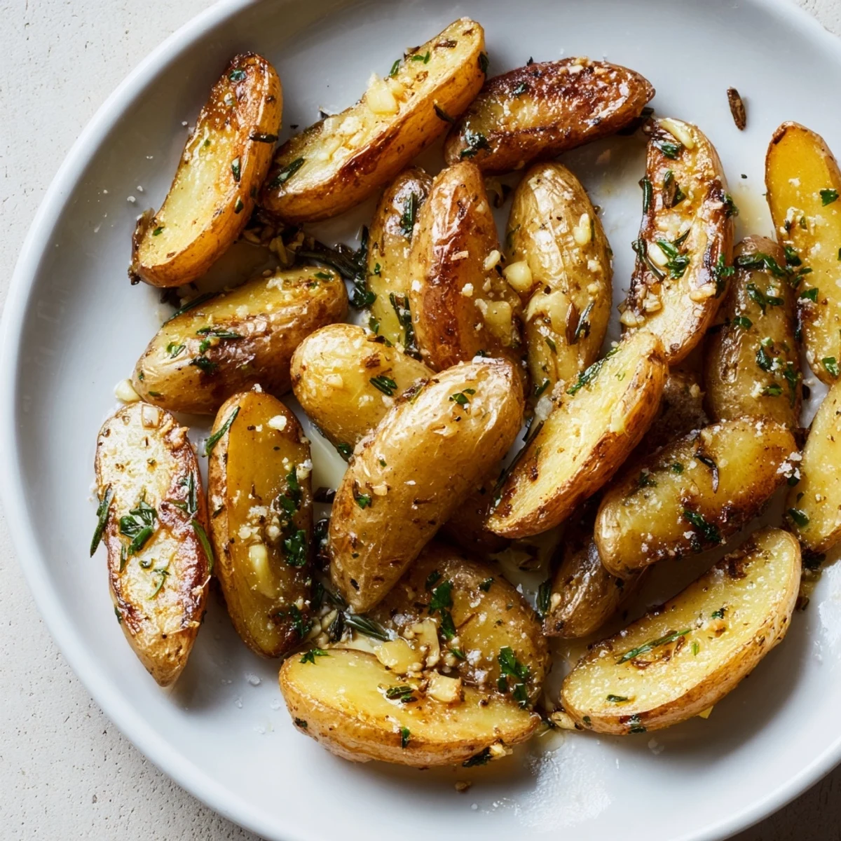 Vibrant serving dish of Garlic Herb Roasted Fingerling Potatoes with Rosemary beside a glass of white wine.