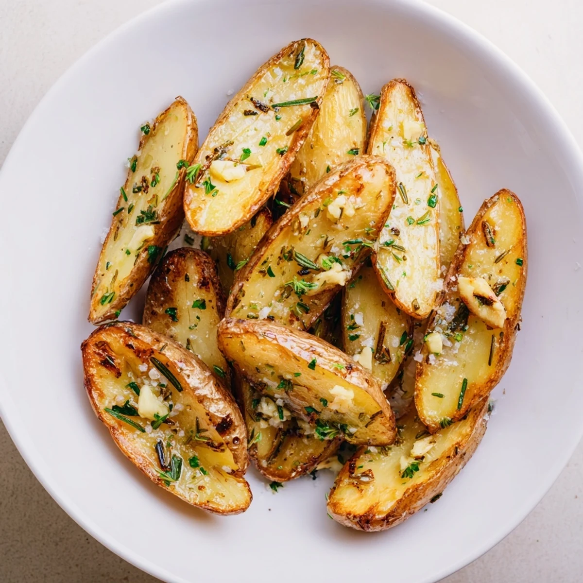 A close-up of crispy Garlic Herb Roasted Fingerling Potatoes with Rosemary garnished with flaky sea salt and herbs.
