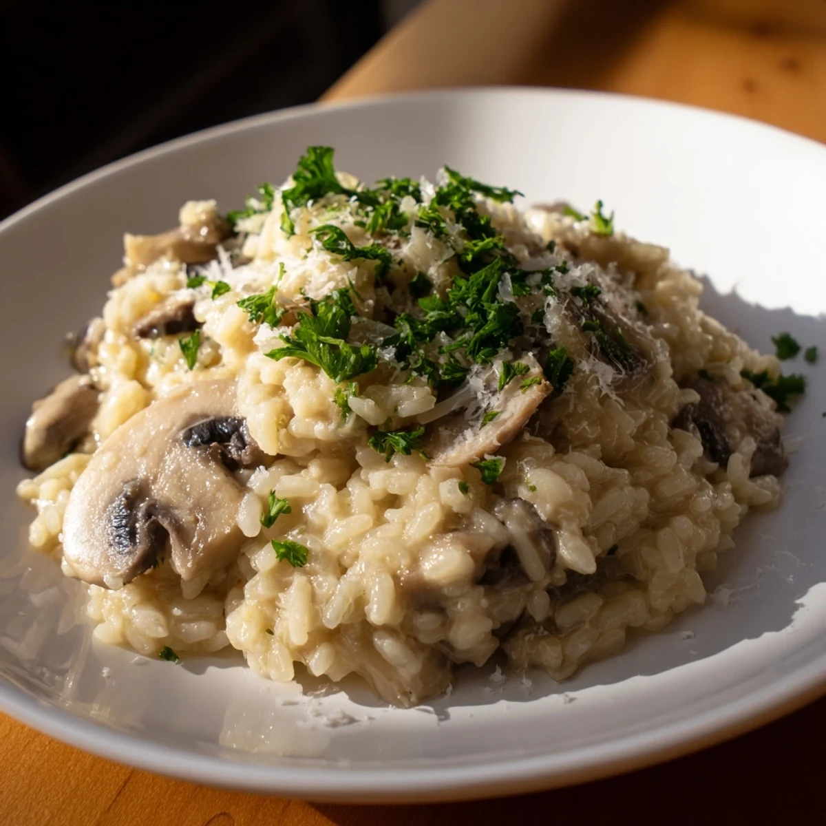 Creamy Mushroom Risotto steams in a shallow bowl, topped with melted Parmesan and finely chopped parsley for garnish.