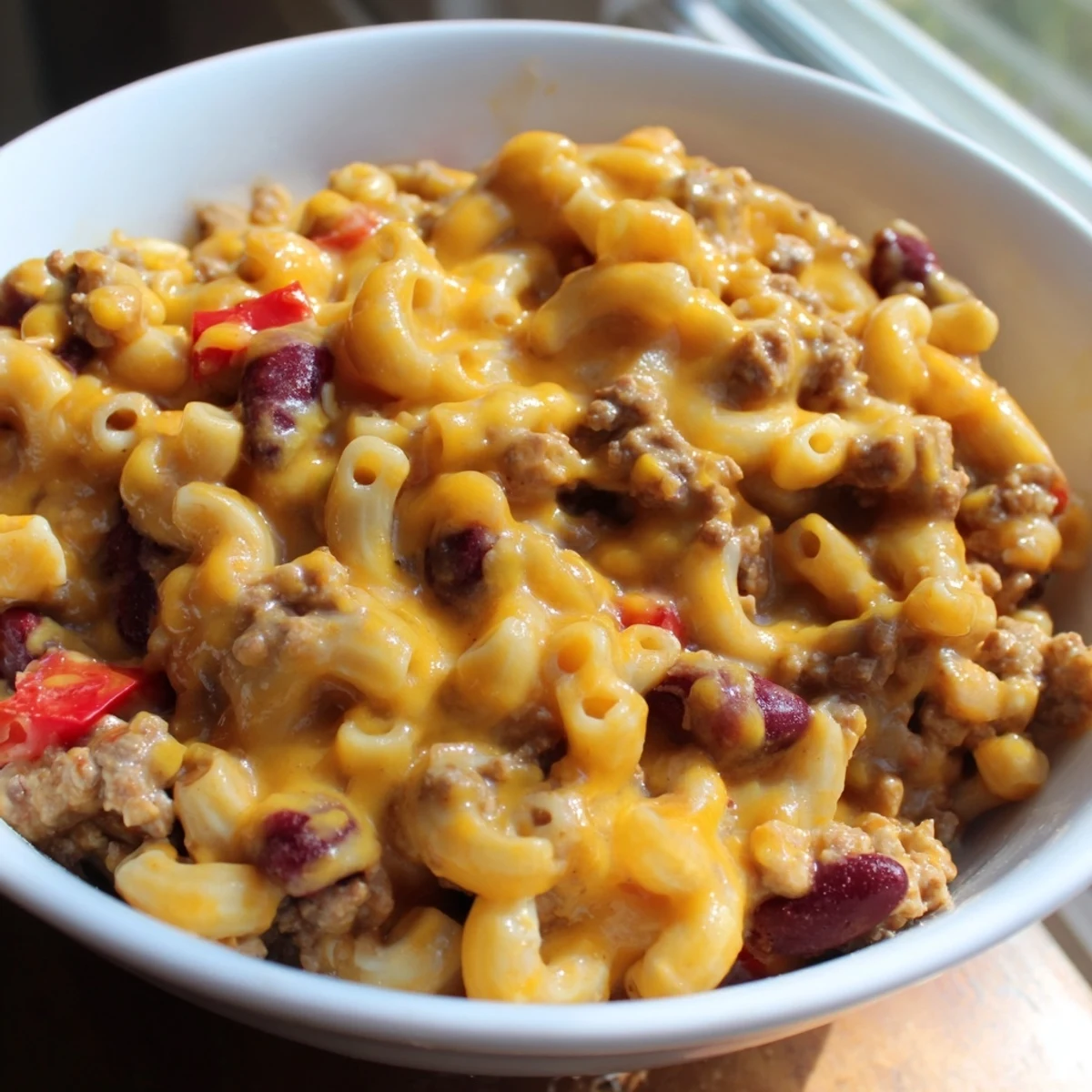 Creamy Turkey Chili Mac and Cheese simmering in a pot, with melted cheddar, diced tomatoes, and kidney beans visible.