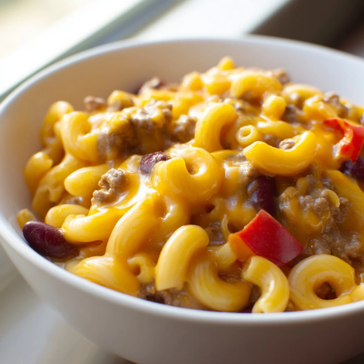 A close-up view of Turkey Chili Mac and Cheese in a serving dish, garnished with fresh cilantro and a side salad.